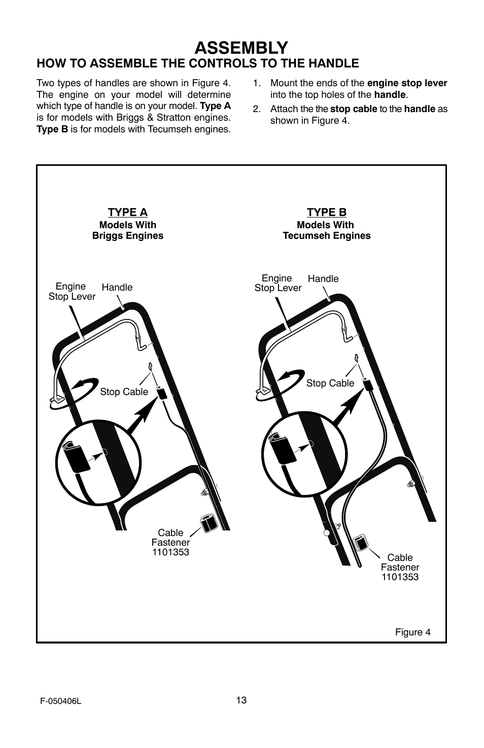 Assembly, How to assemble the controls to the handle | Murray 20-inch Push User Manual | Page 13 / 28