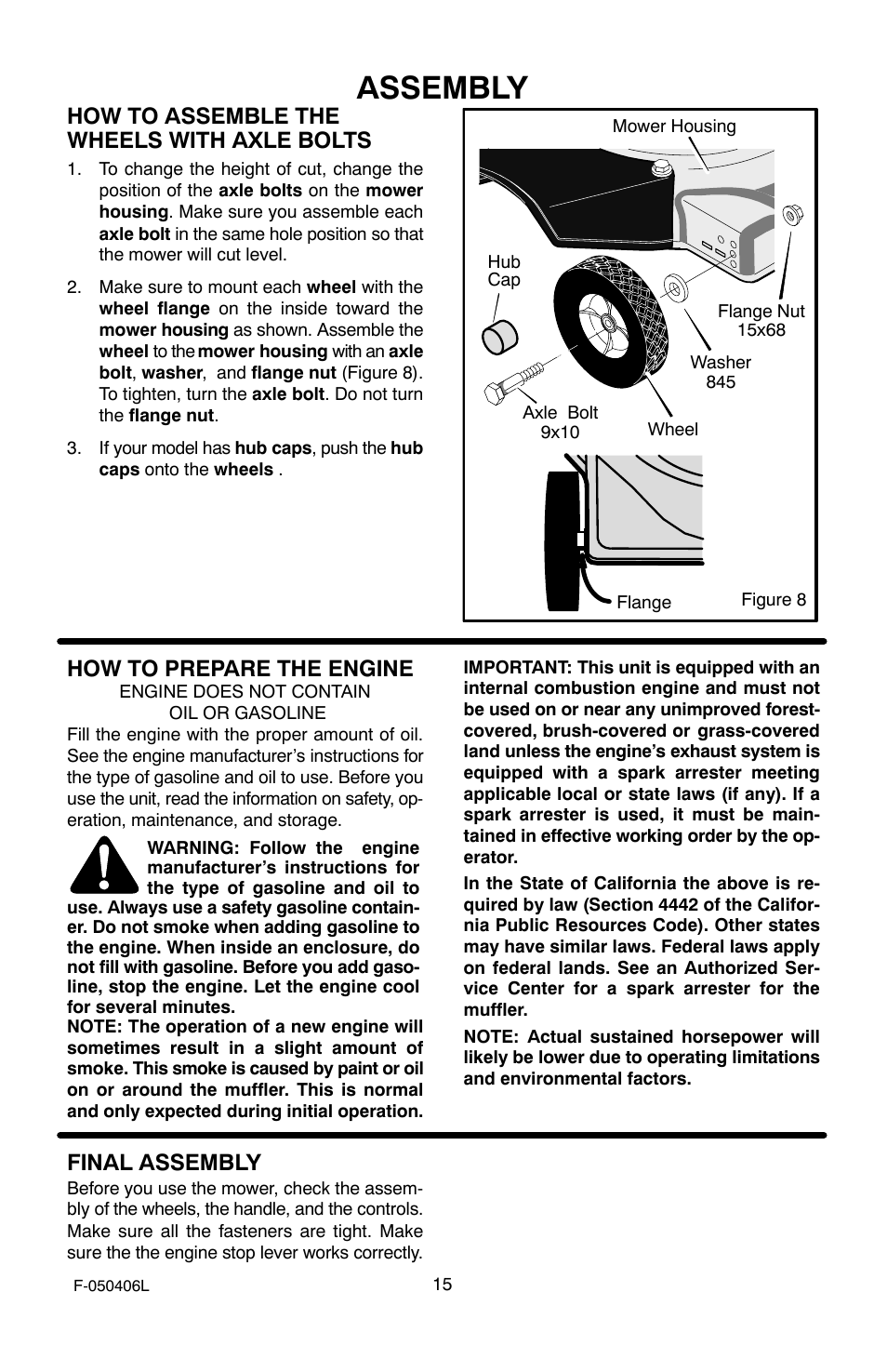 Assembly, How to assemble the wheels with axle bolts, How to prepare the engine | Final assembly | Murray 20-inch Push User Manual | Page 15 / 28