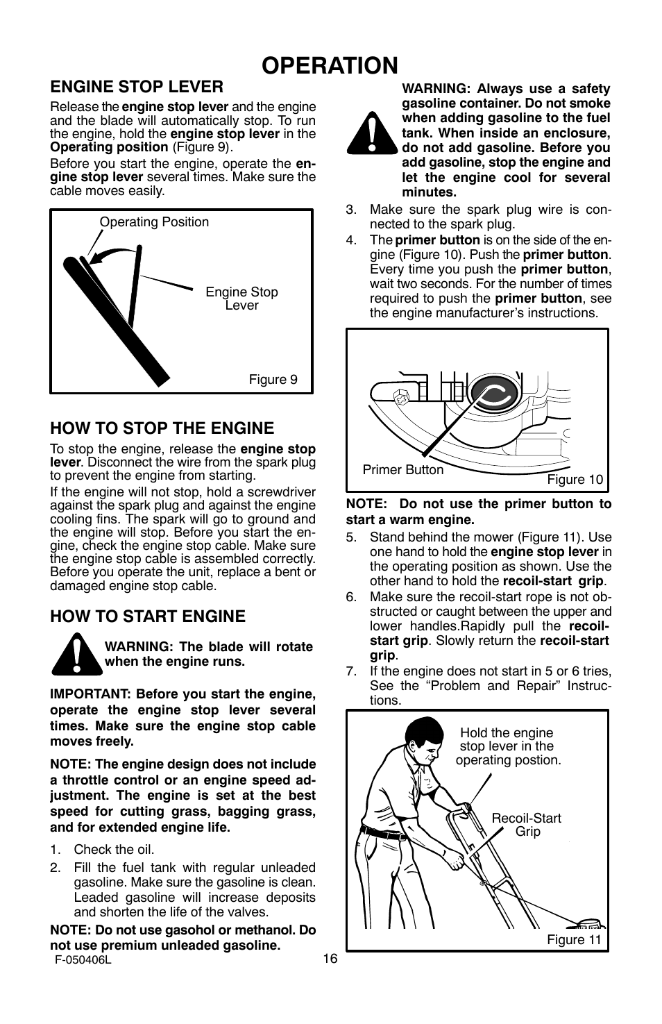 Operation, Engine stop lever, How to stop the engine | How to start engine | Murray 20-inch Push User Manual | Page 16 / 28