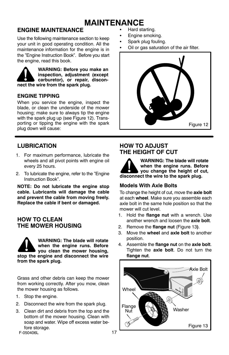 Maintenance, Engine maintenance, Lubrication | How to clean the mower housing, How to adjust the height of cut | Murray 20-inch Push User Manual | Page 17 / 28