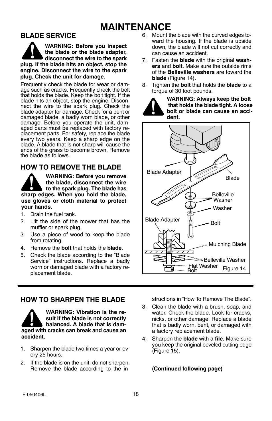 Maintenance, Blade service, How to remove the blade | How to sharpen the blade | Murray 20-inch Push User Manual | Page 18 / 28