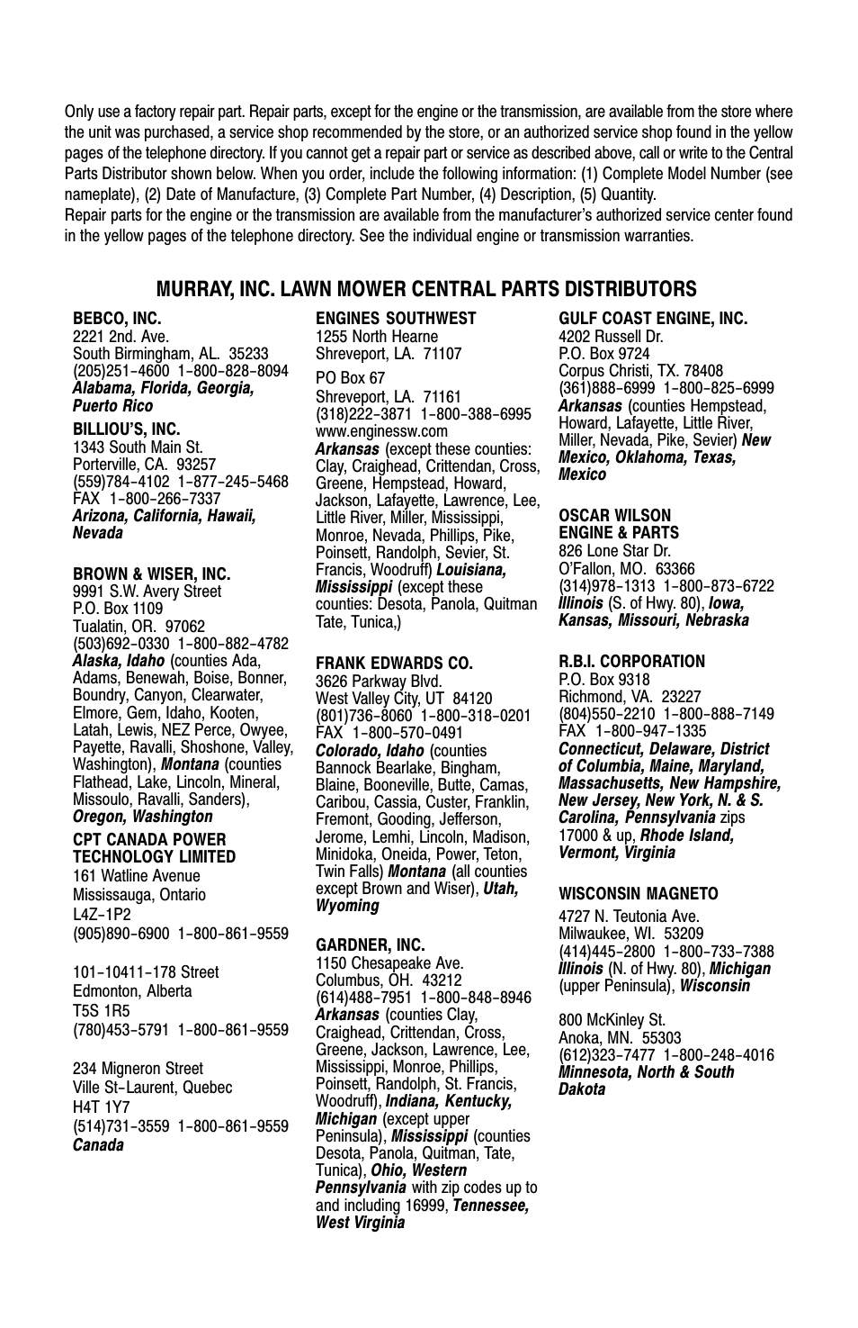 How to order repair parts, Murray, inc. lawn mower central parts distributors | Murray Models 22" User Manual | Page 32 / 32