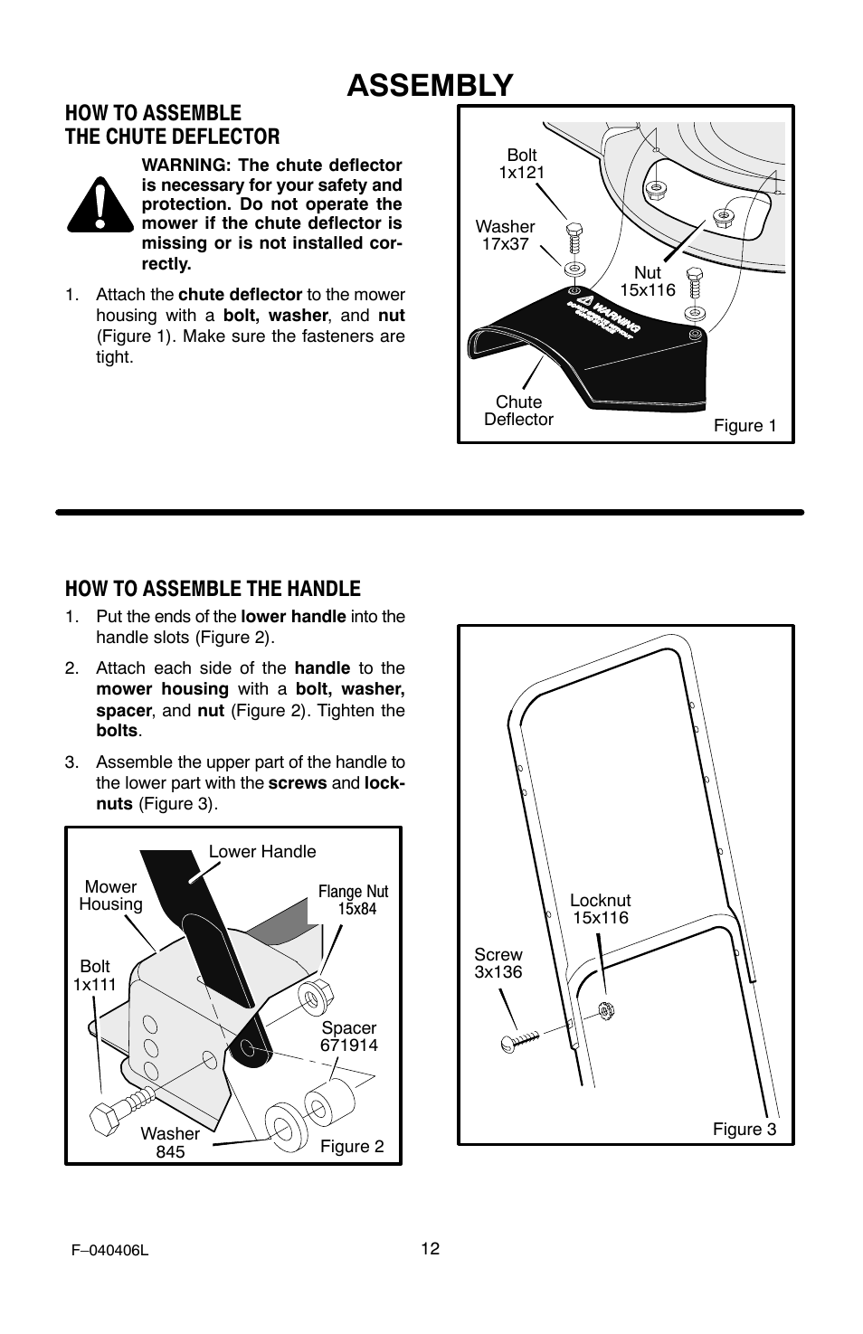 Assembly, How to assemble the chute deflector, How to assemble the handle | Murray 20-inch User Manual | Page 12 / 28