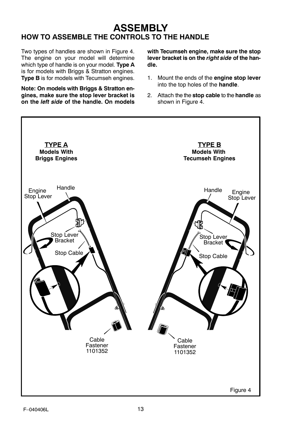 Assembly, How to assemble the controls to the handle | Murray 20-inch User Manual | Page 13 / 28