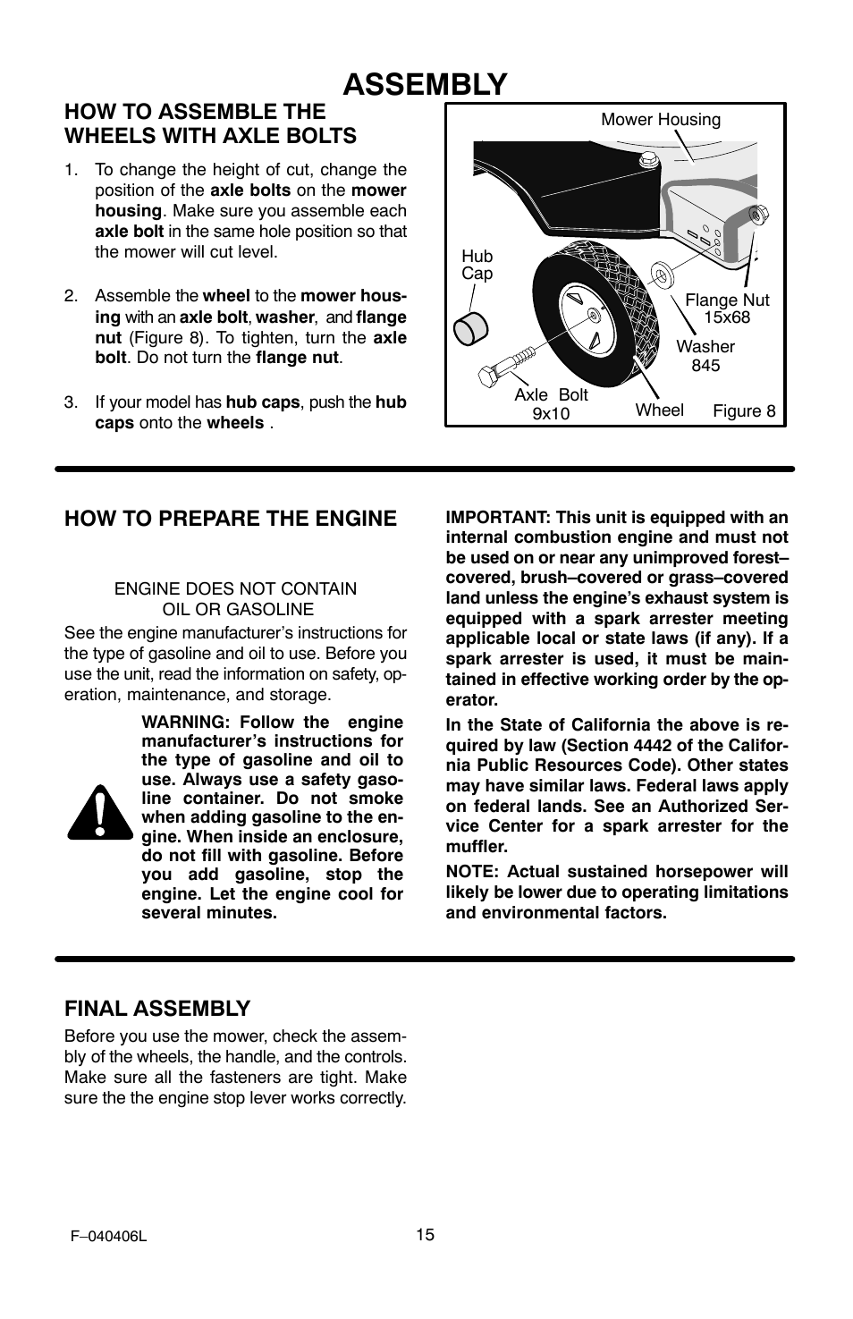 Assembly, How to assemble the wheels with axle bolts, How to prepare the engine | Final assembly | Murray 20-inch User Manual | Page 15 / 28