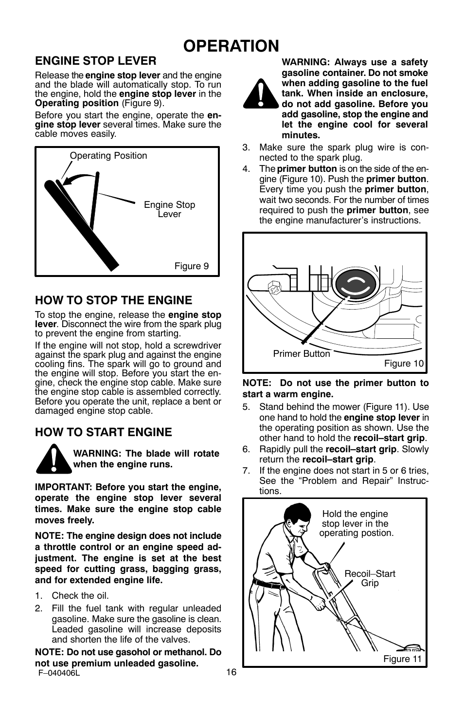 Operation, Engine stop lever, How to stop the engine | How to start engine | Murray 20-inch User Manual | Page 16 / 28