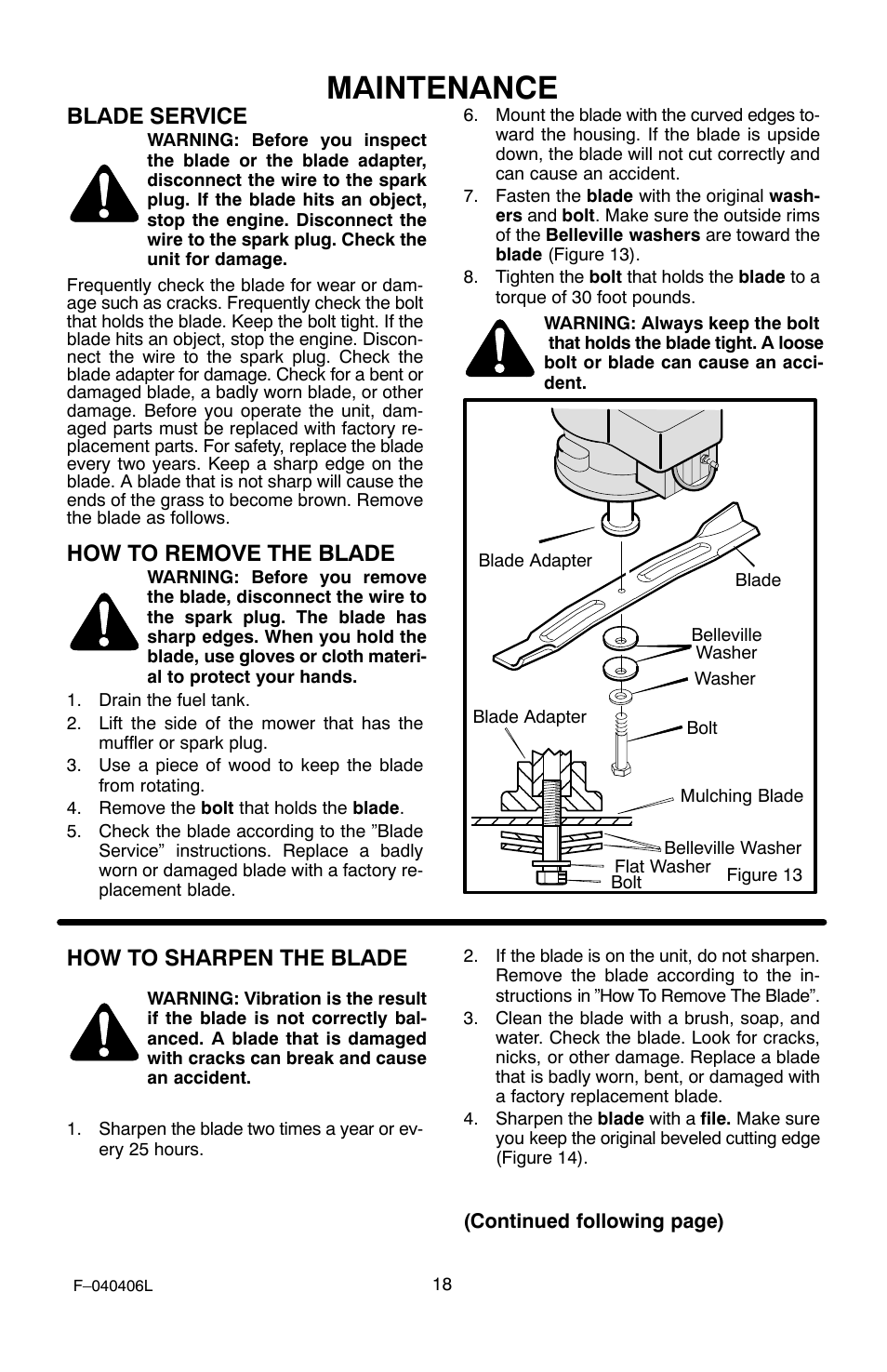 Maintenance, Blade service, How to remove the blade | How to sharpen the blade | Murray 20-inch User Manual | Page 18 / 28