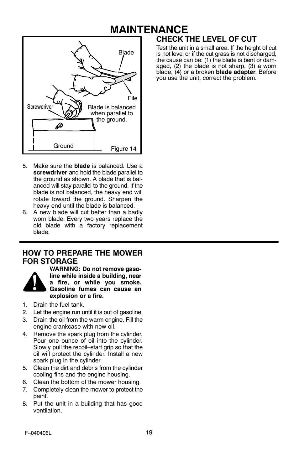 Maintenance, Check the level of cut, How to prepare the mower for storage | Murray 20-inch User Manual | Page 19 / 28