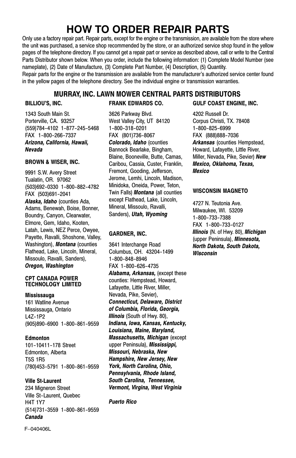 How to order repair parts, Murray, inc. lawn mower central parts distributors | Murray 20-inch User Manual | Page 28 / 28