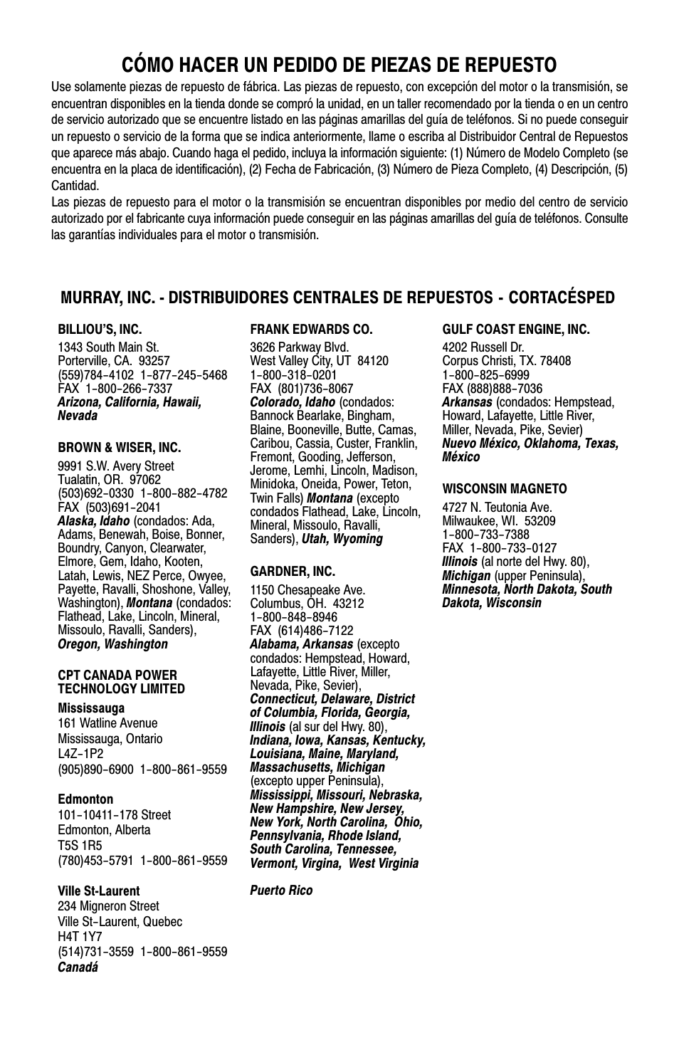 Cómo hacer un pedido de piezas de repuesto | Murray 11052x4D User Manual | Page 72 / 72