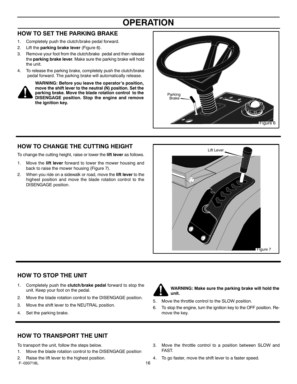 Operation, How to set the parking brake, How to change the cutting height | How to stop the unit, How to transport the unit | Murray 461000x8A User Manual | Page 16 / 61