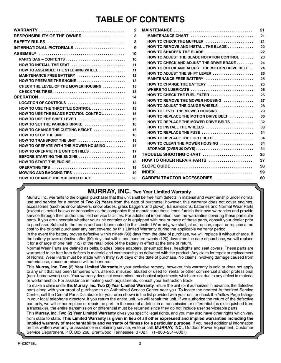 Murray 461000x8A User Manual | Page 2 / 61