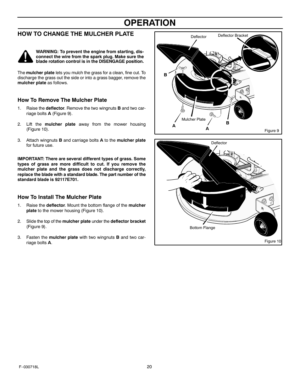 Operation, How to change the mulcher plate | Murray 461000x8A User Manual | Page 20 / 61