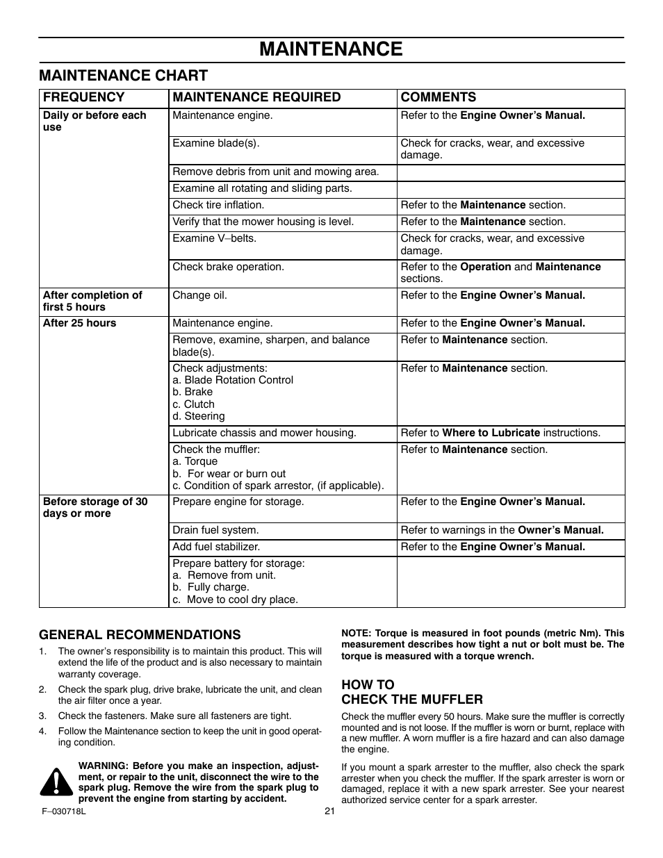 Maintenance, Maintenance chart | Murray 461000x8A User Manual | Page 21 / 61