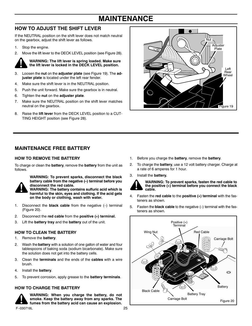 Maintenance, How to adjust the shift lever, Maintenance free battery | Murray 461000x8A User Manual | Page 25 / 61
