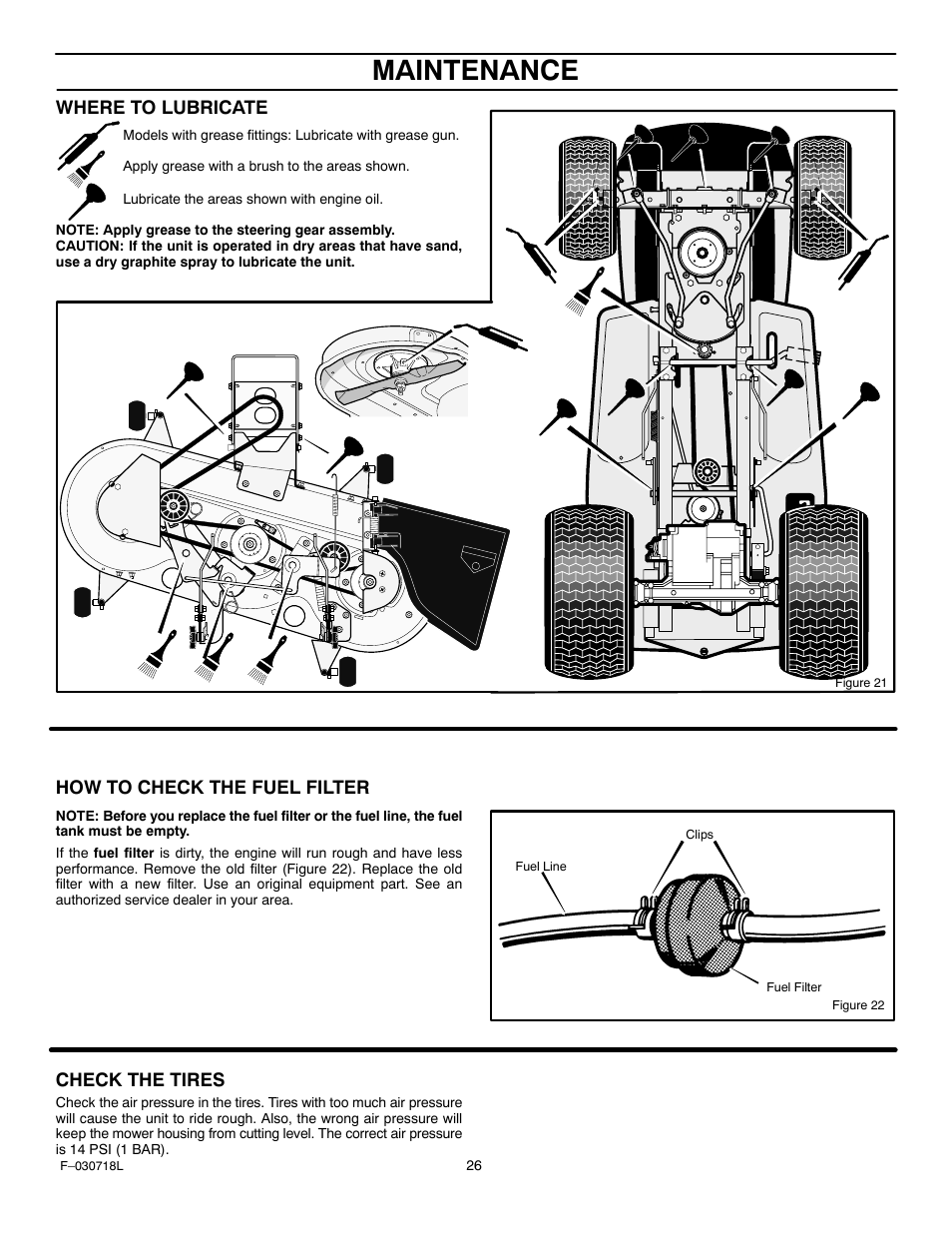 Maintenance, Where to lubricate, How to check the fuel filter | Check the tires | Murray 461000x8A User Manual | Page 26 / 61