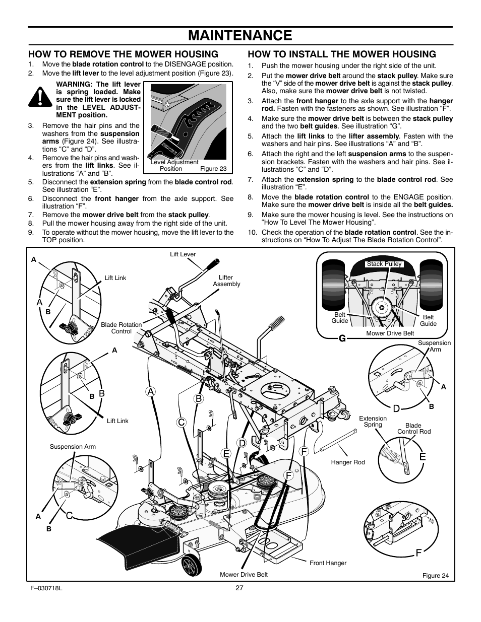 Maintenance, How to remove the mower housing, How to install the mower housing | Murray 461000x8A User Manual | Page 27 / 61