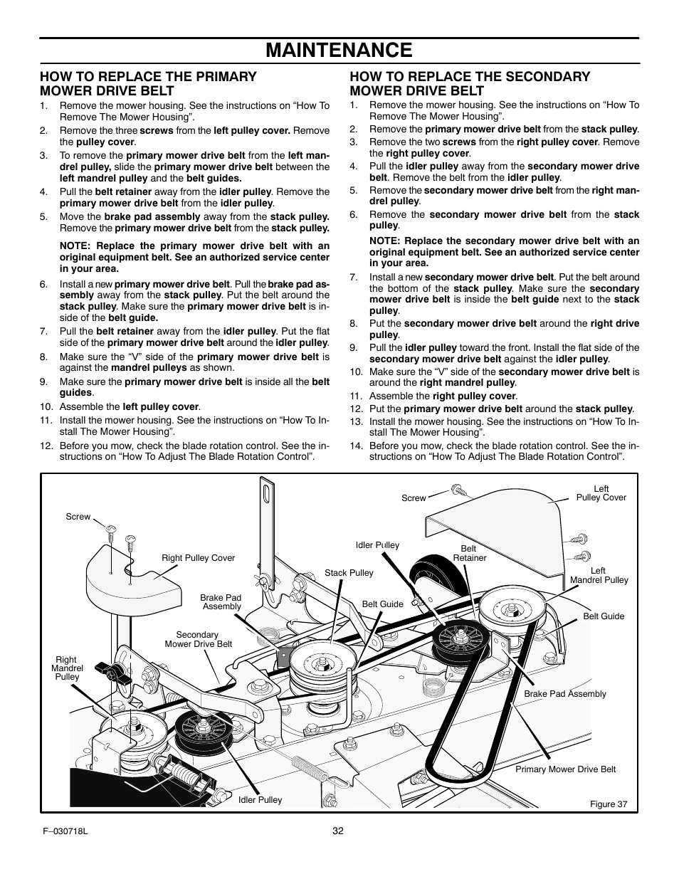 Maintenance, How to replace the primary mower drive belt, How to replace the secondary mower drive belt | Murray 461000x8A User Manual | Page 32 / 61