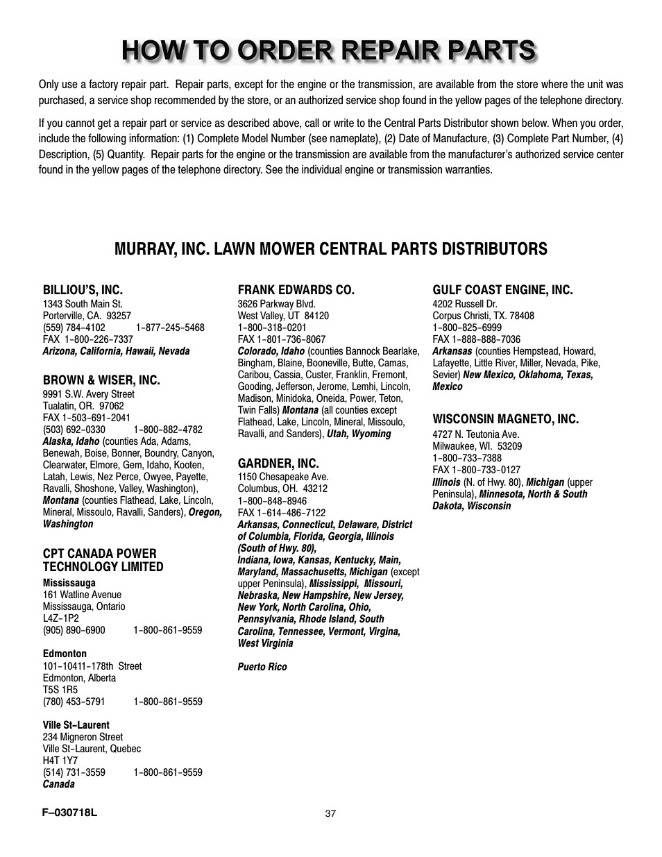 Murray, inc. lawn mower central parts distributors | Murray 461000x8A User Manual | Page 37 / 61