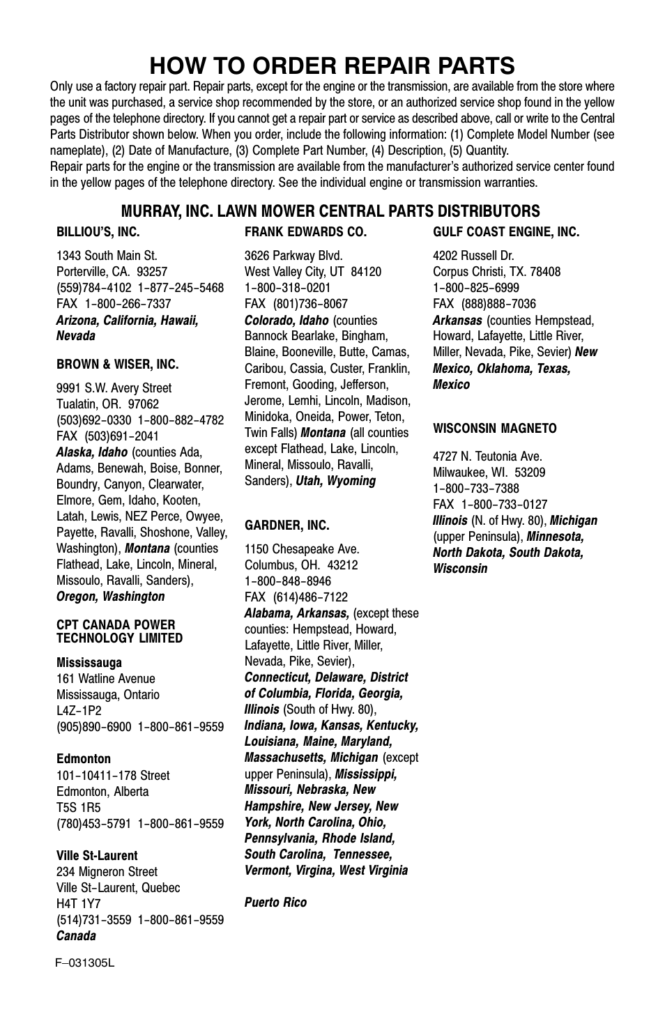 How to order repair parts, Murray, inc. lawn mower central parts distributors | Murray 11052x92D User Manual | Page 28 / 28