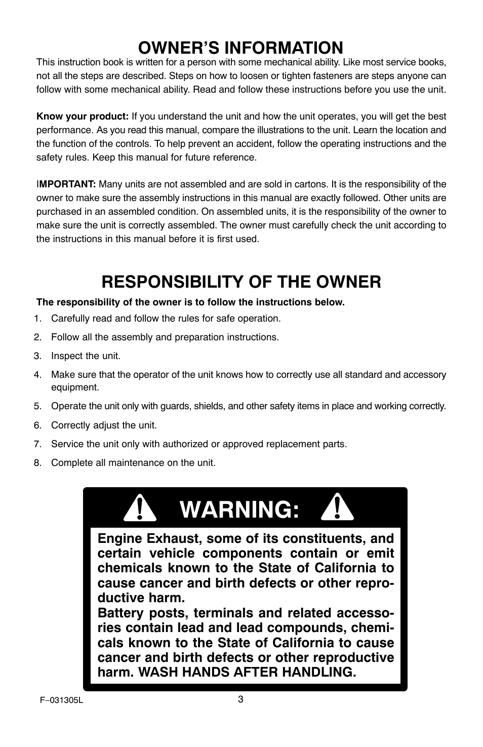 Owner’s information, Responsibility of the owner | Murray 11052x92D User Manual | Page 3 / 28