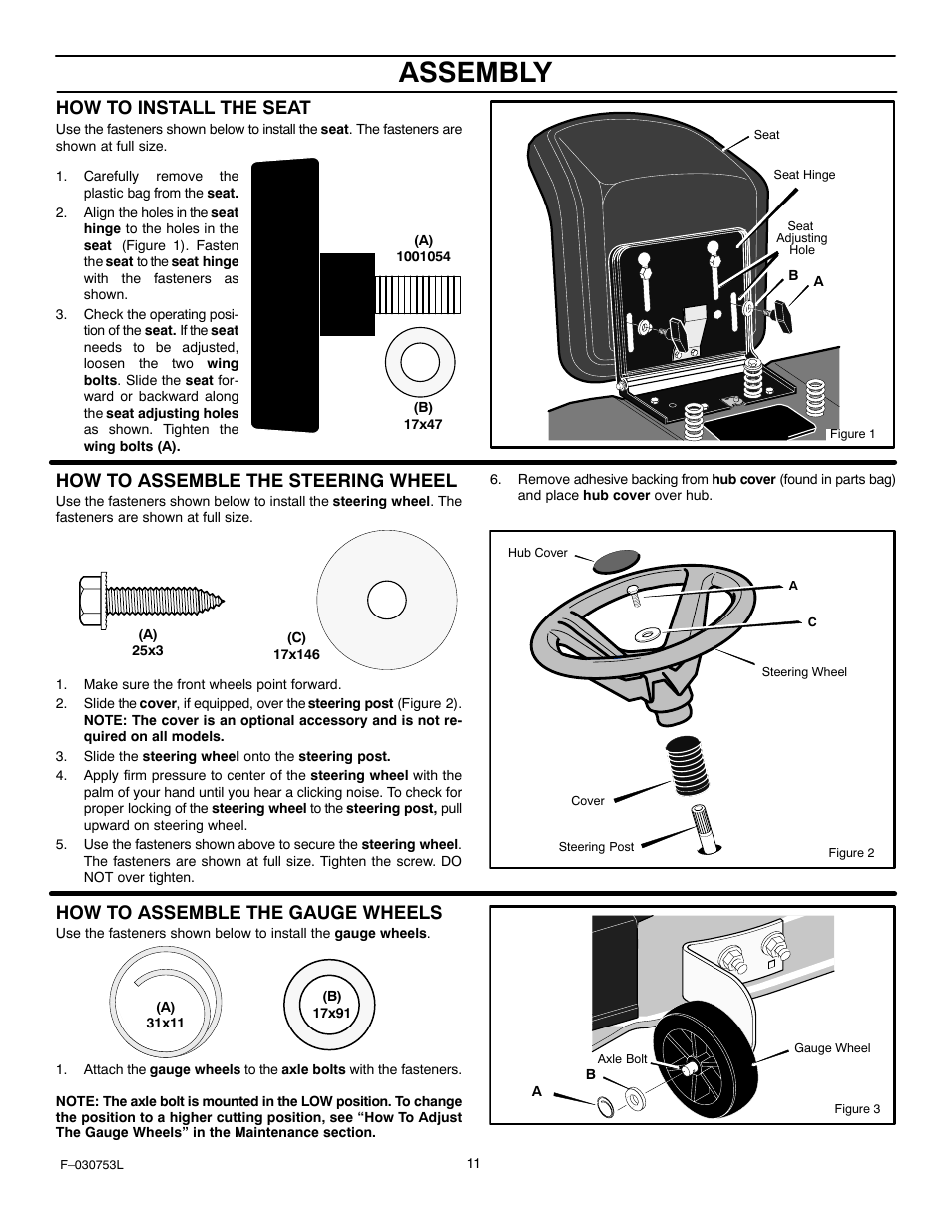 Assembly, How to install the seat, How to assemble the steering wheel | How to assemble the gauge wheels | Murray 425604x18A User Manual | Page 11 / 52