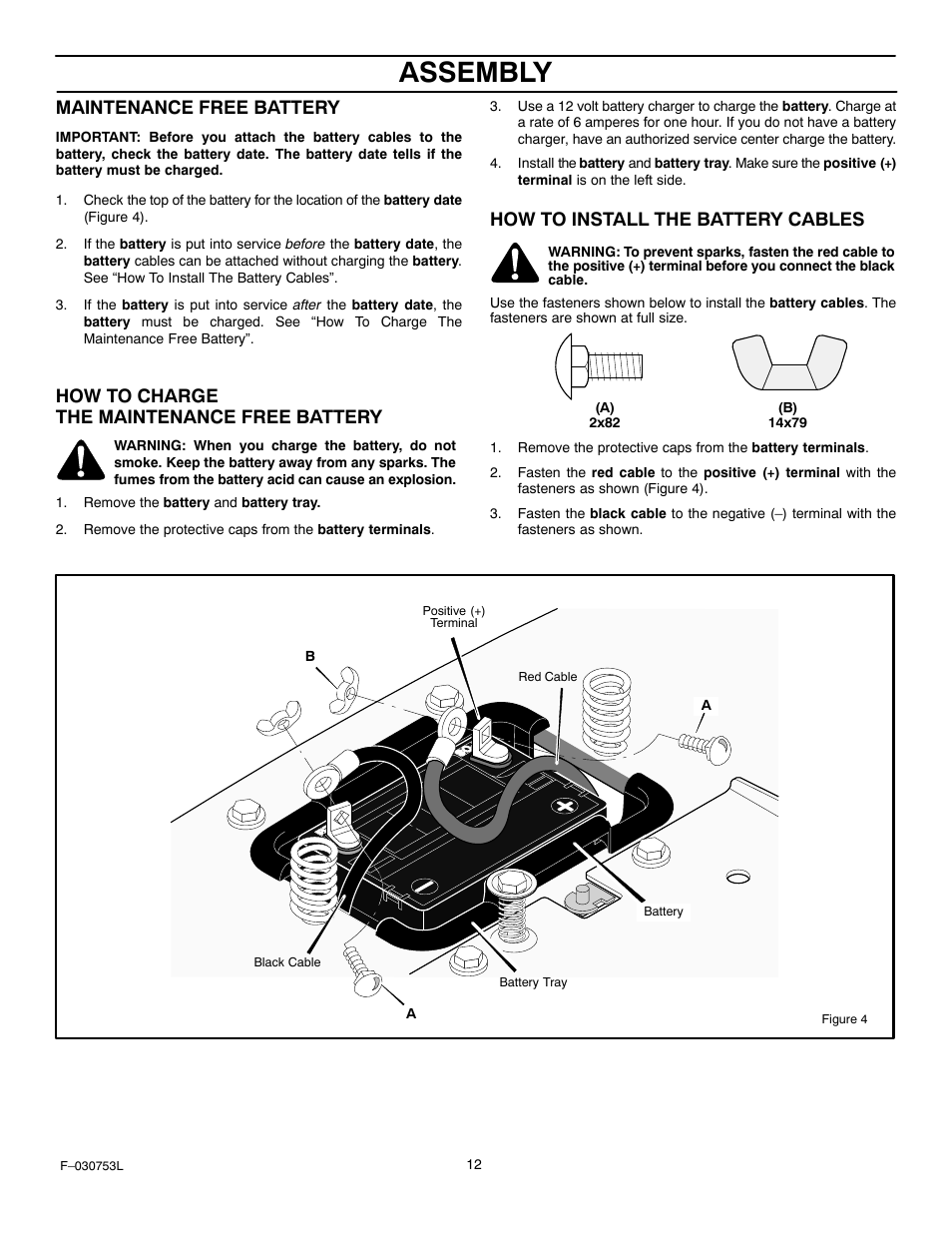 Assembly, Maintenance free battery, How to charge the maintenance free battery | How to install the battery cables | Murray 425604x18A User Manual | Page 12 / 52