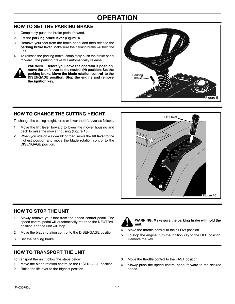 Operation, How to set the parking brake, How to change the cutting height | How to stop the unit, How to transport the unit | Murray 425604x18A User Manual | Page 17 / 52