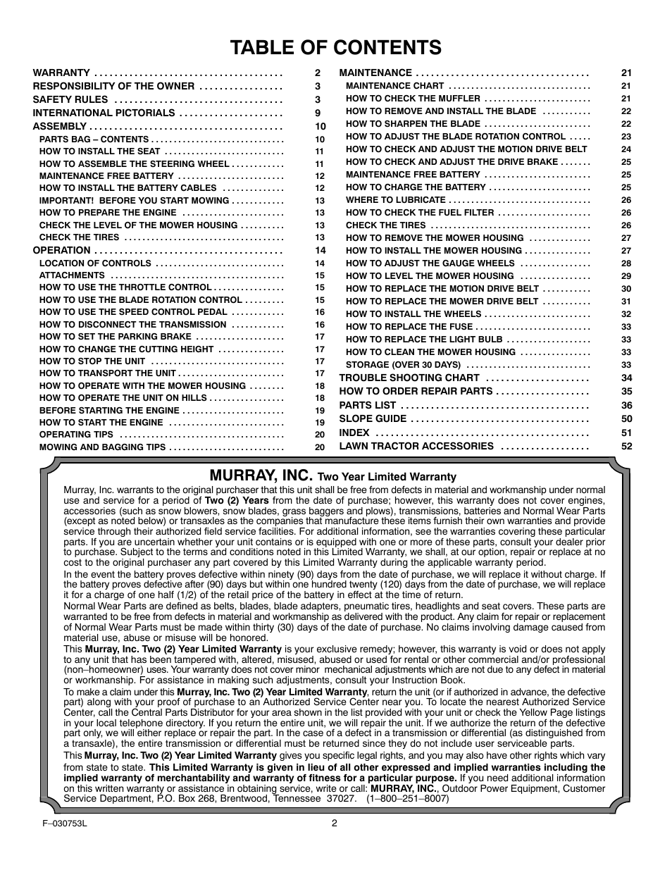 Murray 425604x18A User Manual | Page 2 / 52