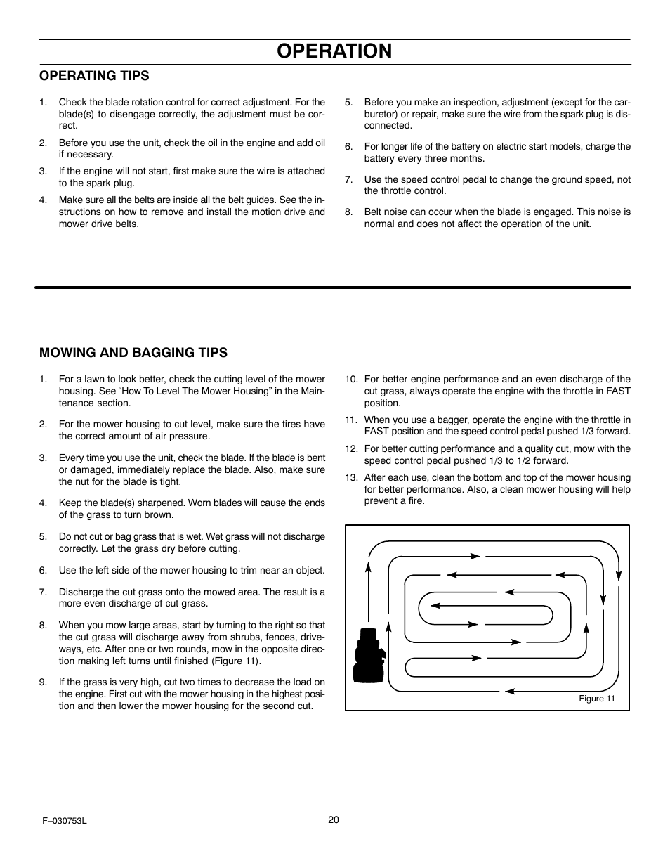 Operation, Operating tips, Mowing and bagging tips | Murray 425604x18A User Manual | Page 20 / 52
