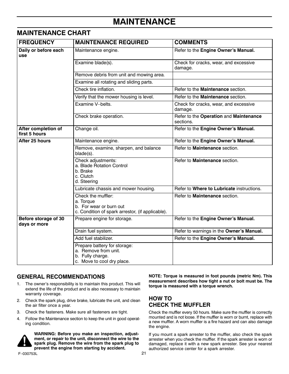 Maintenance, Maintenance chart | Murray 425604x18A User Manual | Page 21 / 52