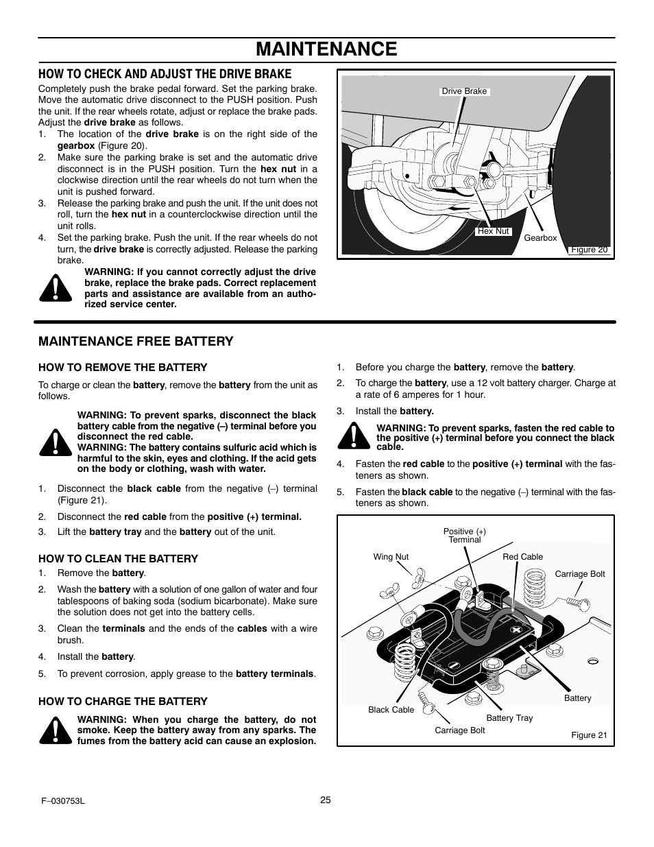 Maintenance, How to check and adjust the drive brake, Maintenance free battery | Murray 425604x18A User Manual | Page 25 / 52
