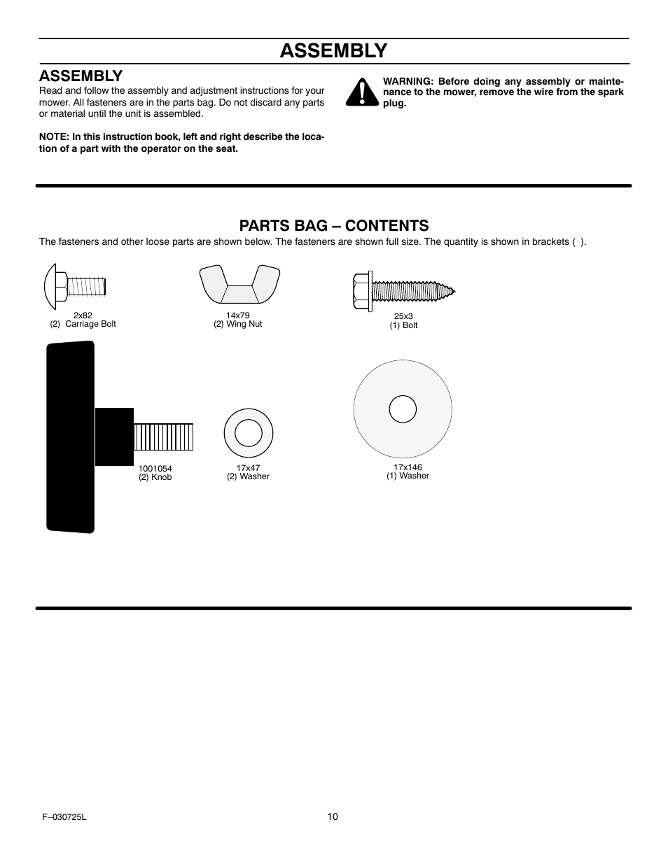 Assembly, Parts bag – contents | Murray 405005x99A User Manual | Page 10 / 52