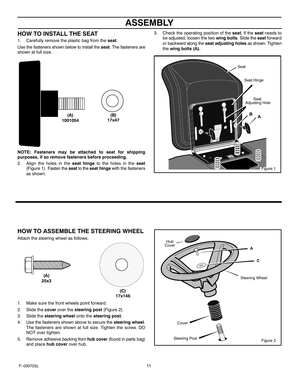 Assembly, How to install the seat, How to assemble the steering wheel | Murray 405005x99A User Manual | Page 11 / 52