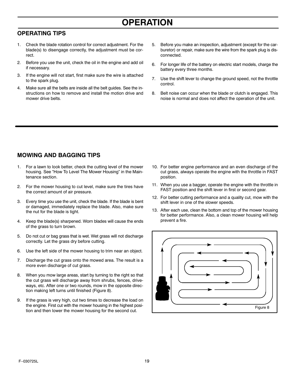 Operation, Operating tips, Mowing and bagging tips | Murray 405005x99A User Manual | Page 19 / 52