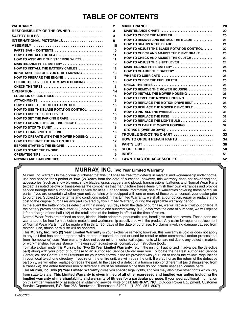 Murray 405005x99A User Manual | Page 2 / 52