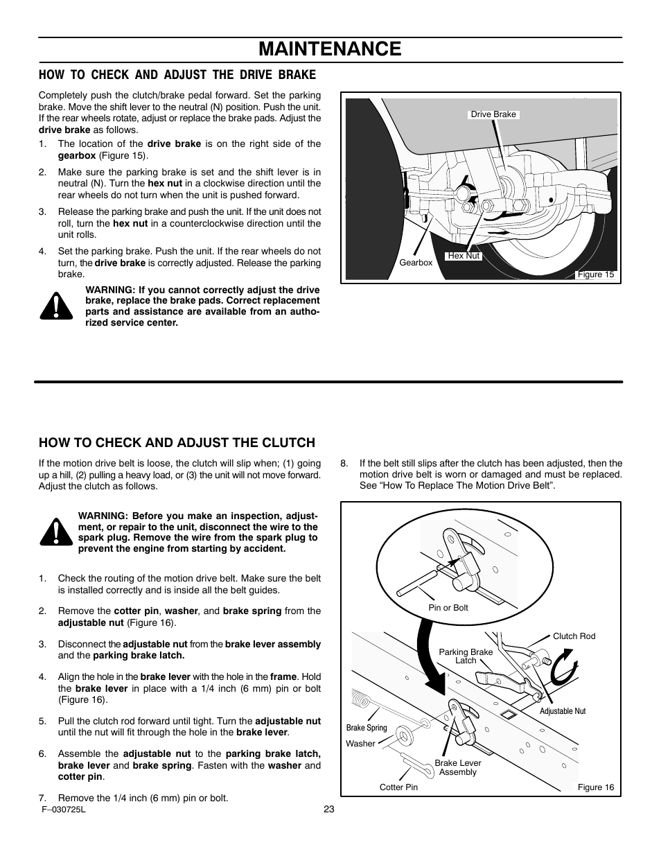 Maintenance, How to check and adjust the drive brake, How to check and adjust the clutch | Murray 405005x99A User Manual | Page 23 / 52