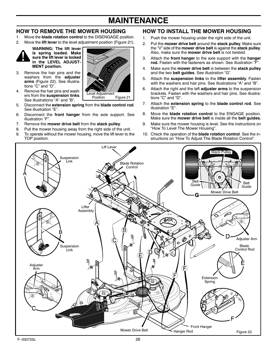 Maintenance, How to remove the mower housing, How to install the mower housing | Murray 405005x99A User Manual | Page 26 / 52