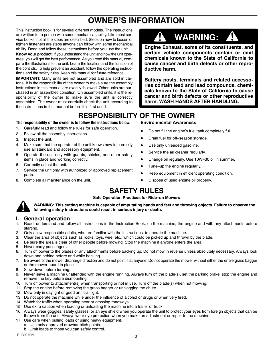 Owner’s information, Responsibility of the owner, Safety rules | Murray 405005x99A User Manual | Page 3 / 52