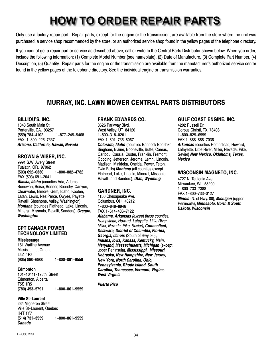 Murray, inc. lawn mower central parts distributors | Murray 405005x99A User Manual | Page 34 / 52