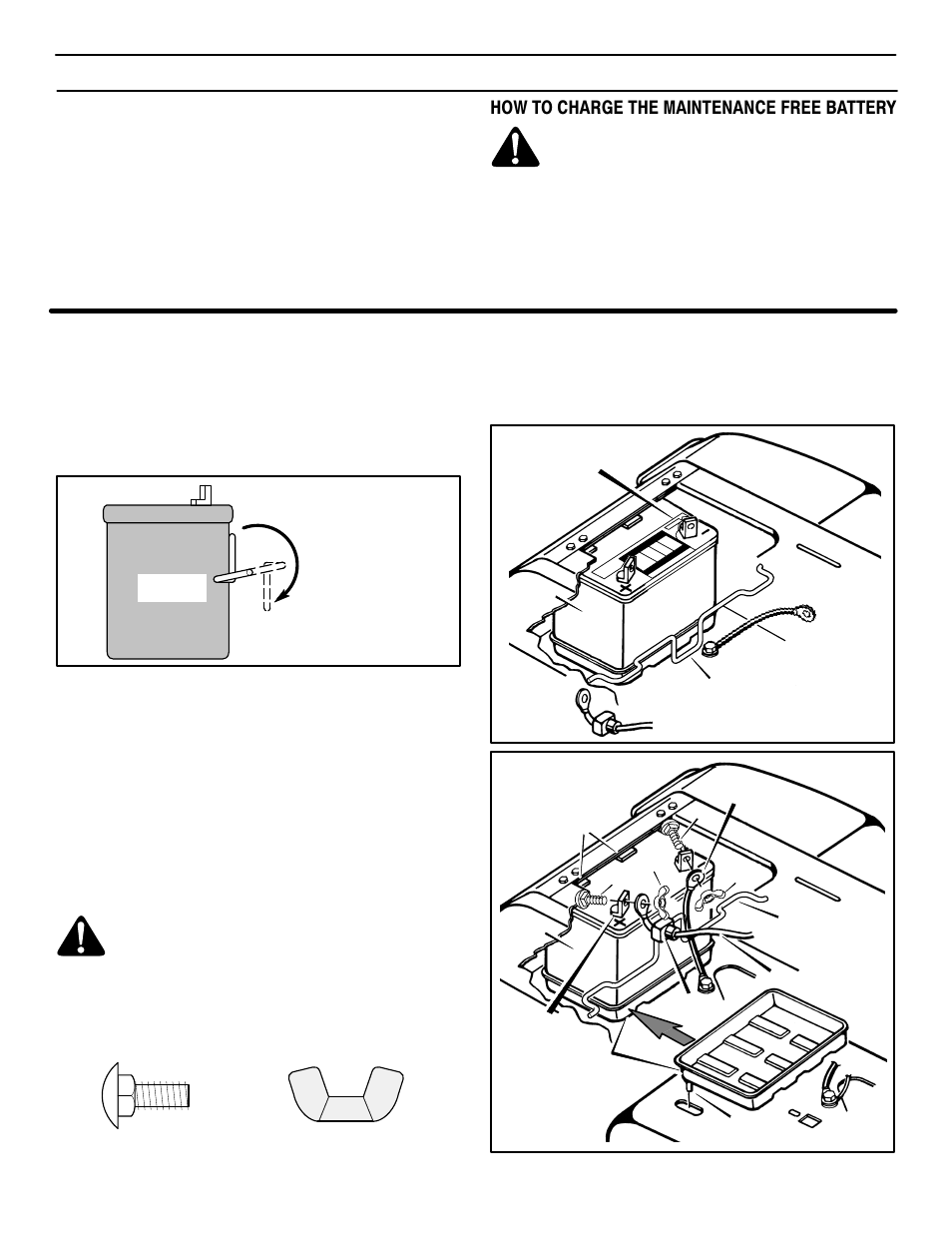 Assembly, Maintenance free battery, How to charge the maintenance free battery | Murray 387004x48A User Manual | Page 11 / 52