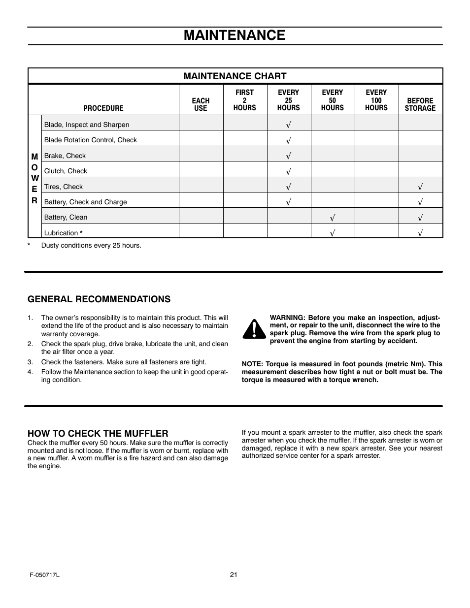 Maintenance | Murray 387002x92D User Manual | Page 21 / 52