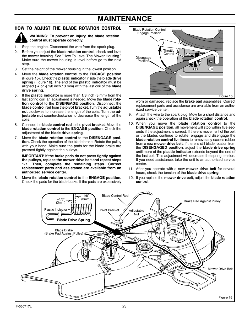 Maintenance, How to adjust the blade rotation control | Murray 387002x92D User Manual | Page 23 / 52