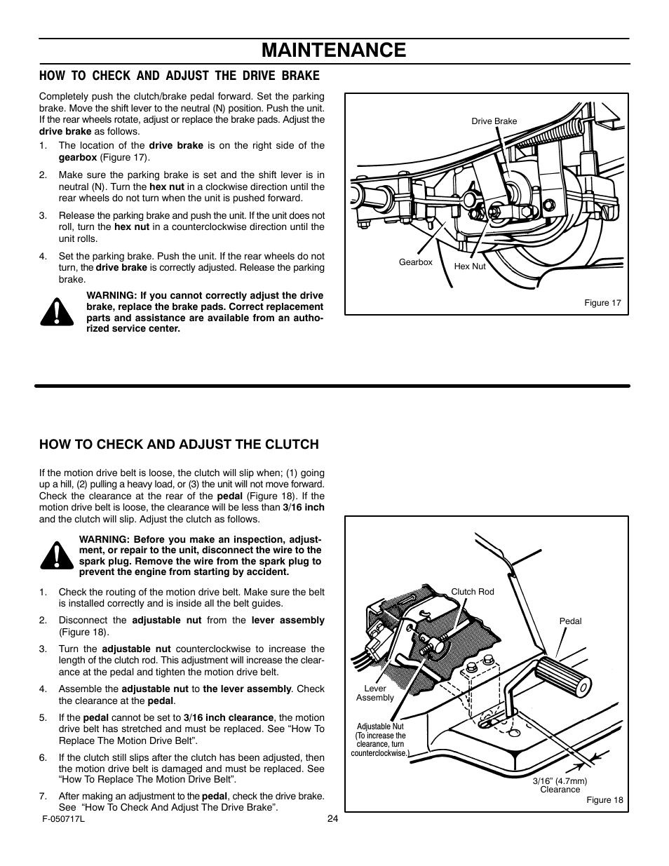 Maintenance, How to check and adjust the drive brake, How to check and adjust the clutch | Murray 387002x92D User Manual | Page 24 / 52