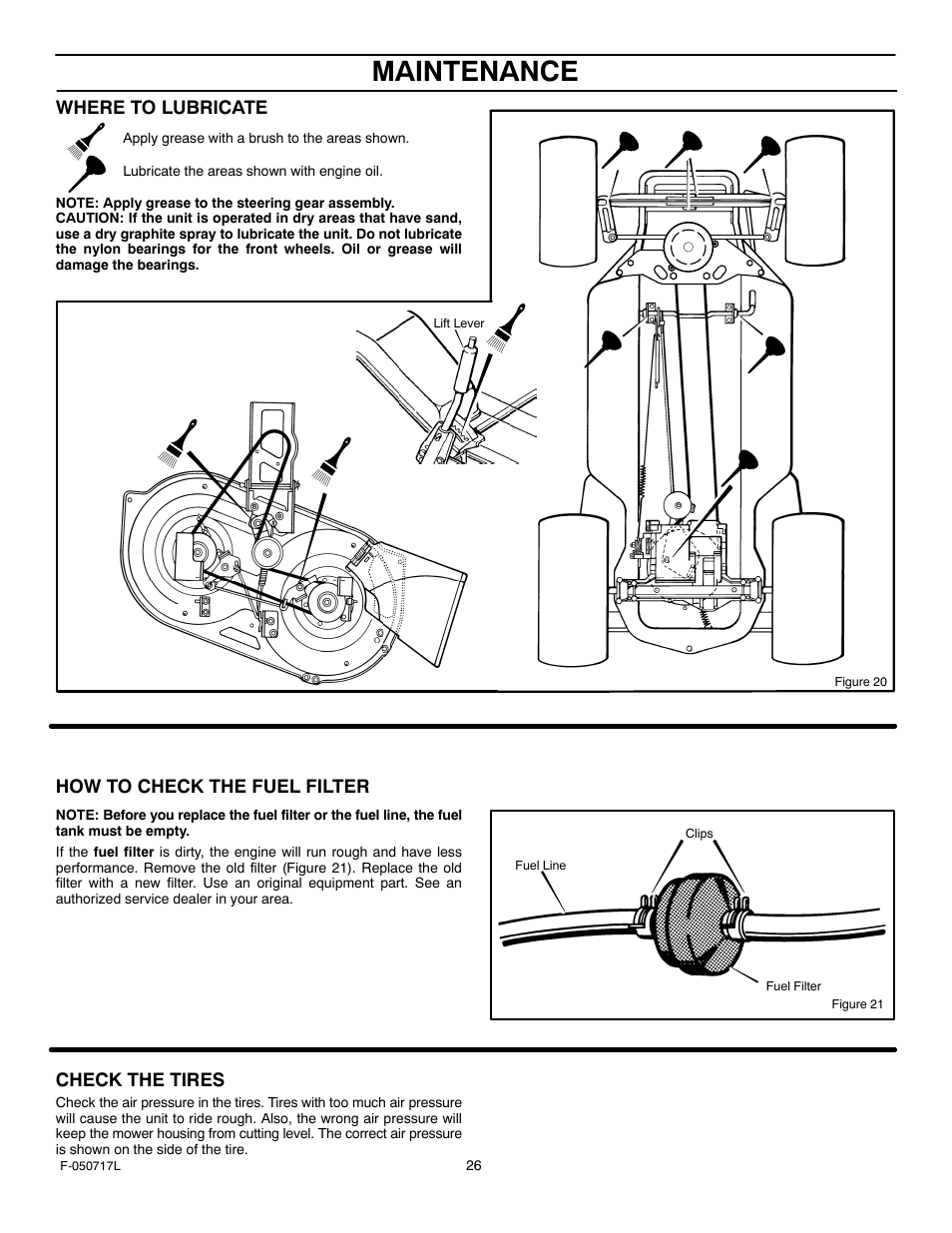 Maintenance, Where to lubricate, How to check the fuel filter | Check the tires | Murray 387002x92D User Manual | Page 26 / 52