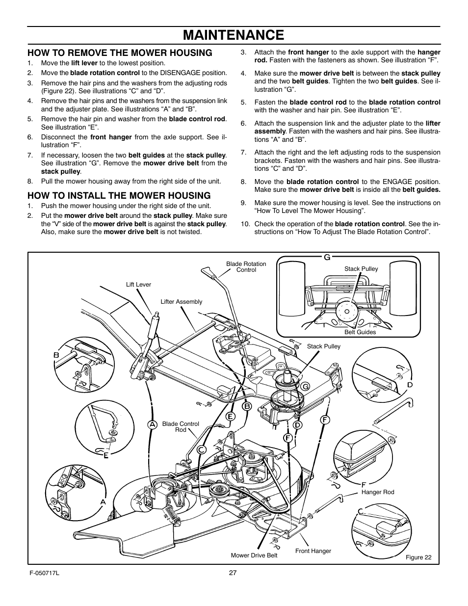 Maintenance, How to remove the mower housing, How to install the mower housing | Murray 387002x92D User Manual | Page 27 / 52