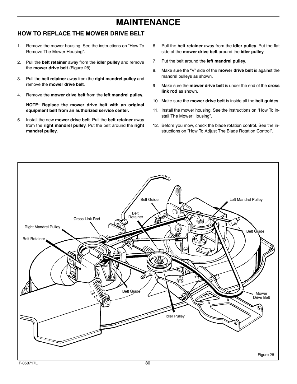 Maintenance, How to replace the mower drive belt | Murray 387002x92D User Manual | Page 30 / 52