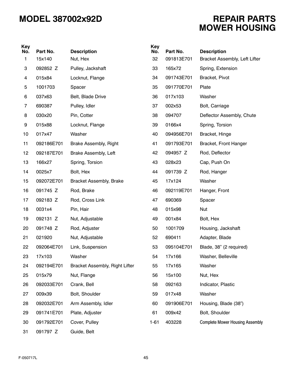 Mower housing | Murray 387002x92D User Manual | Page 45 / 52