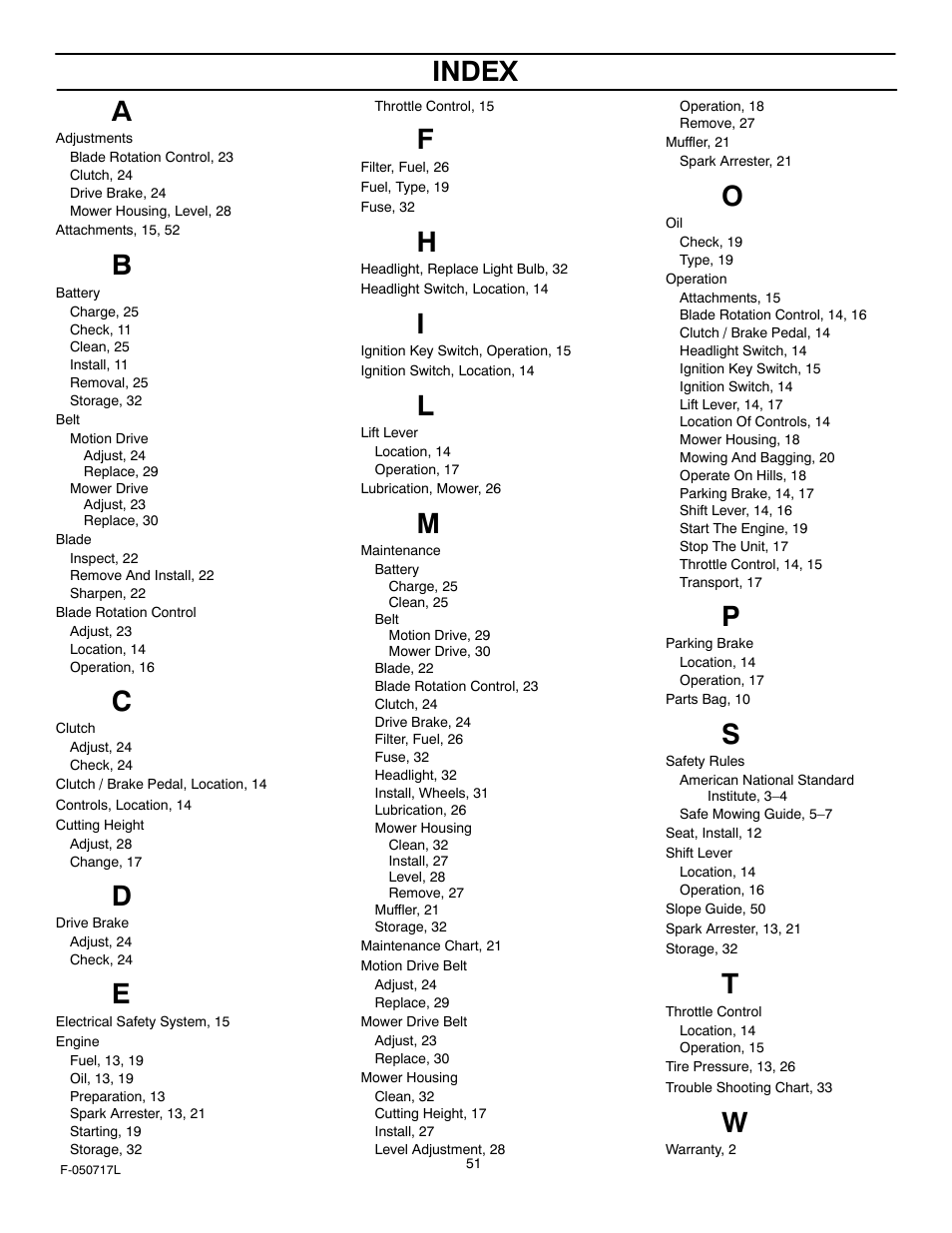 Index | Murray 387002x92D User Manual | Page 51 / 52