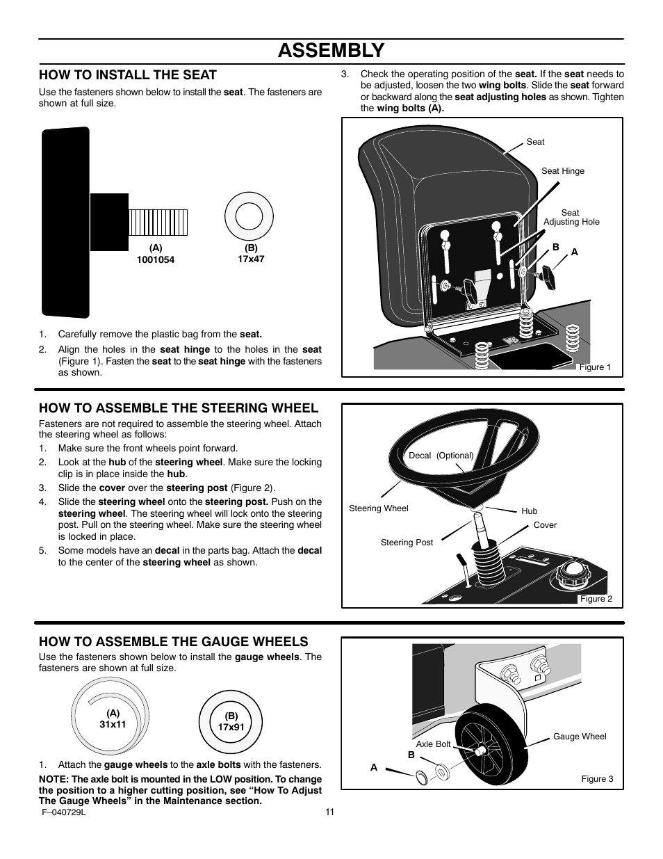 Assembly, How to install the seat, How to assemble the steering wheel | How to assemble the gauge wheels | Murray 425620x92A User Manual | Page 11 / 52